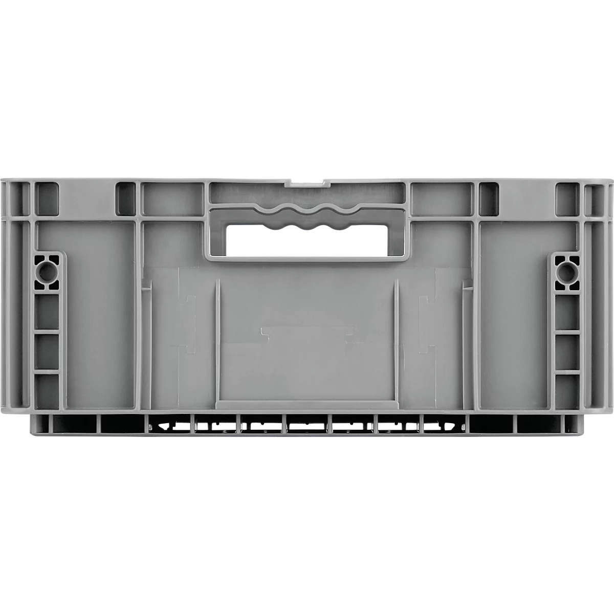Grey plastic crate with handle recess and rectangular opening.