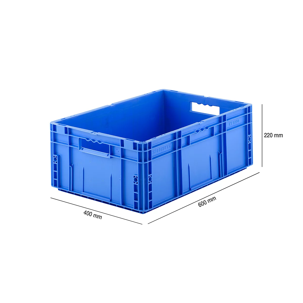 Blue plastic transport box, 600x400x220 mm, with side handles and dimensions.
