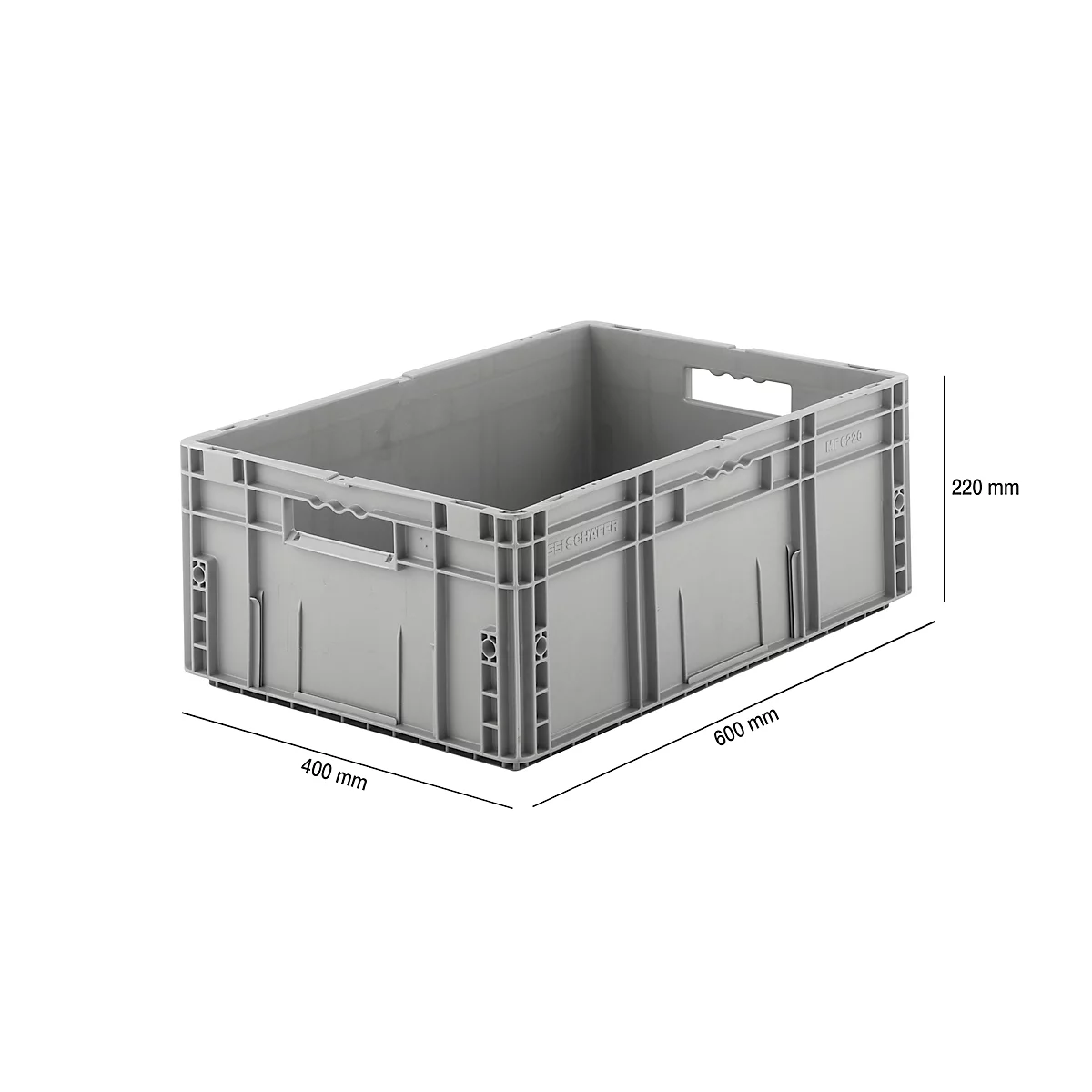 Grey plastic crate with handle openings and dimensions: 600 mm x 400 mm x 220 mm.