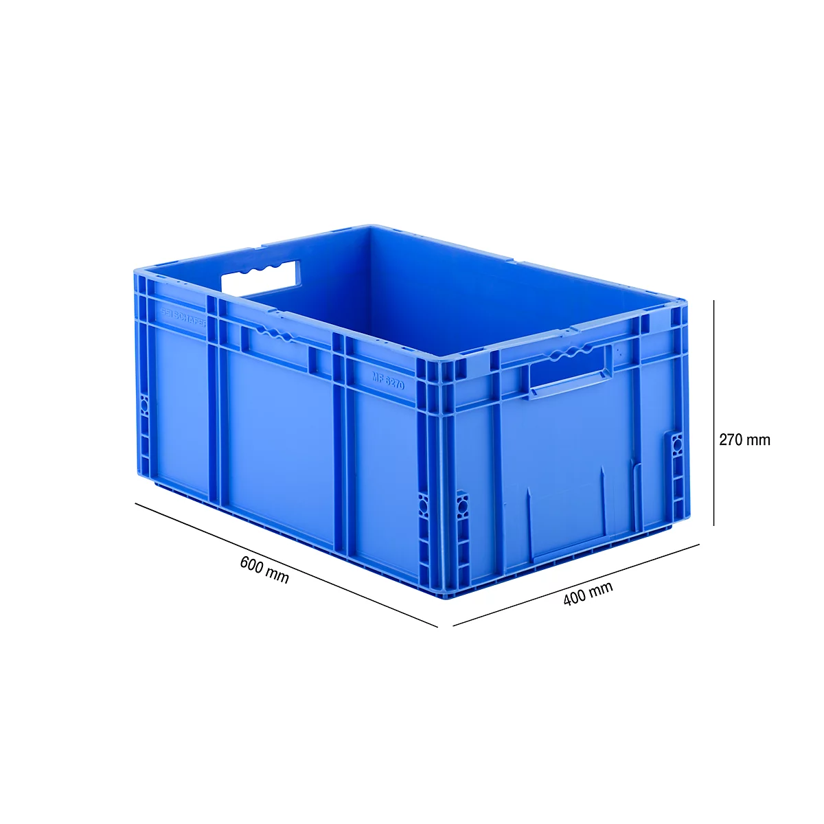 Blue storage box with handles and dimensions: 600 x 400 x 270 mm.
