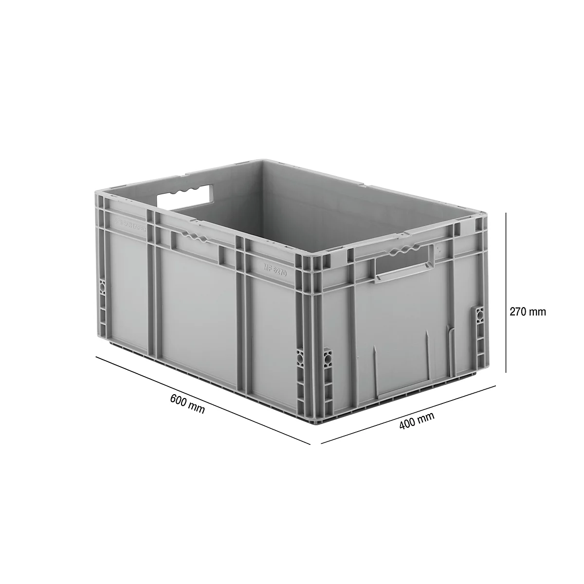 Gray plastic box with handles, dimensions: 600 x 400 x 270 mm.