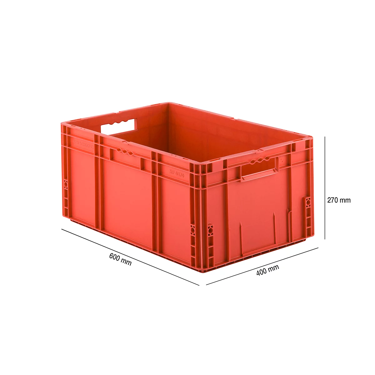 Red transport box with dimensions of 600 x 400 x 270 mm. With handle openings, side reinforcements and stacking devices.