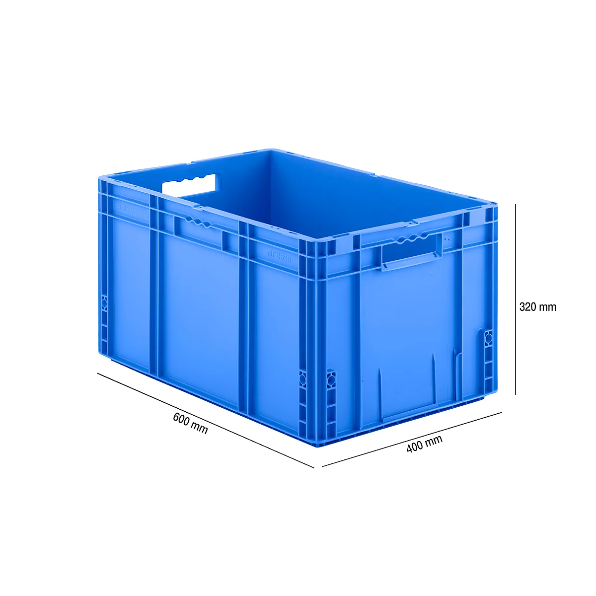 Blue plastic box, rectangular, with handles. Specifications: 600x400x320 mm. On a white background.