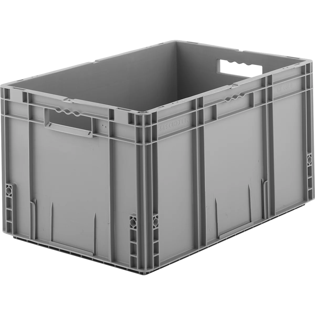 Gray plastic box with handles on the sides, in rectangular format. The box stands in front of a light background.