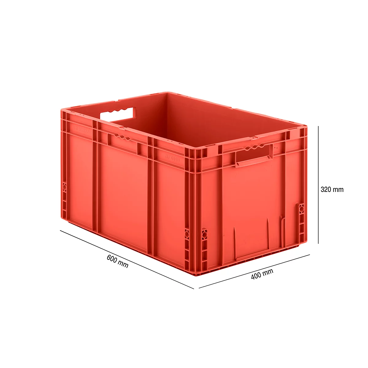 Red plastic box with dimensions and handle openings.