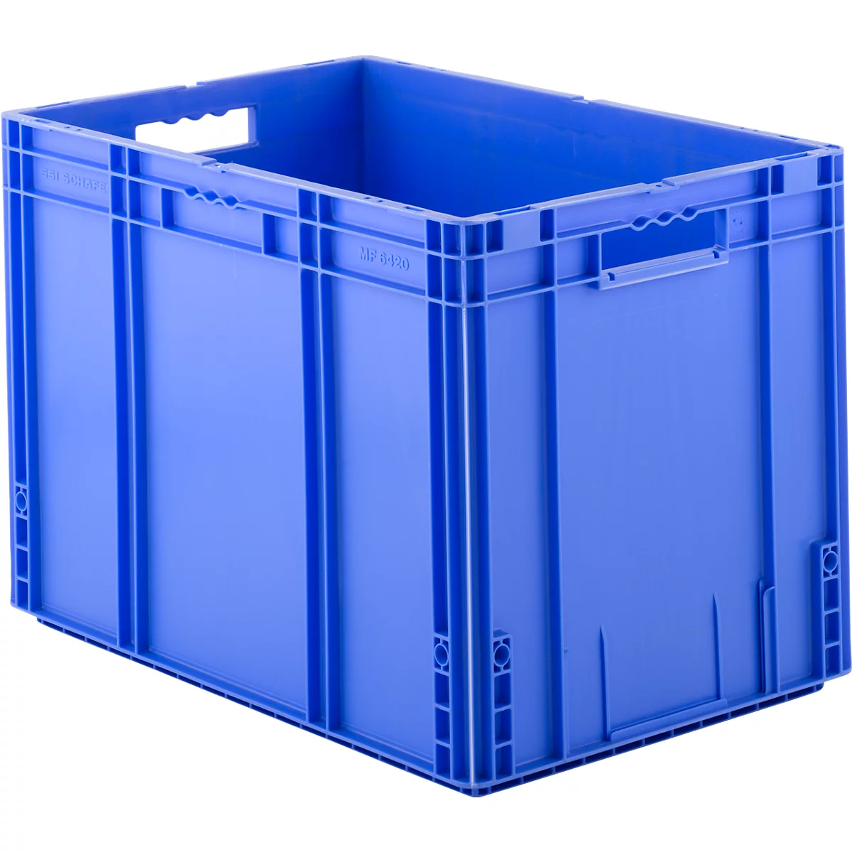Blue plastic box with handles and vertical reinforcements.