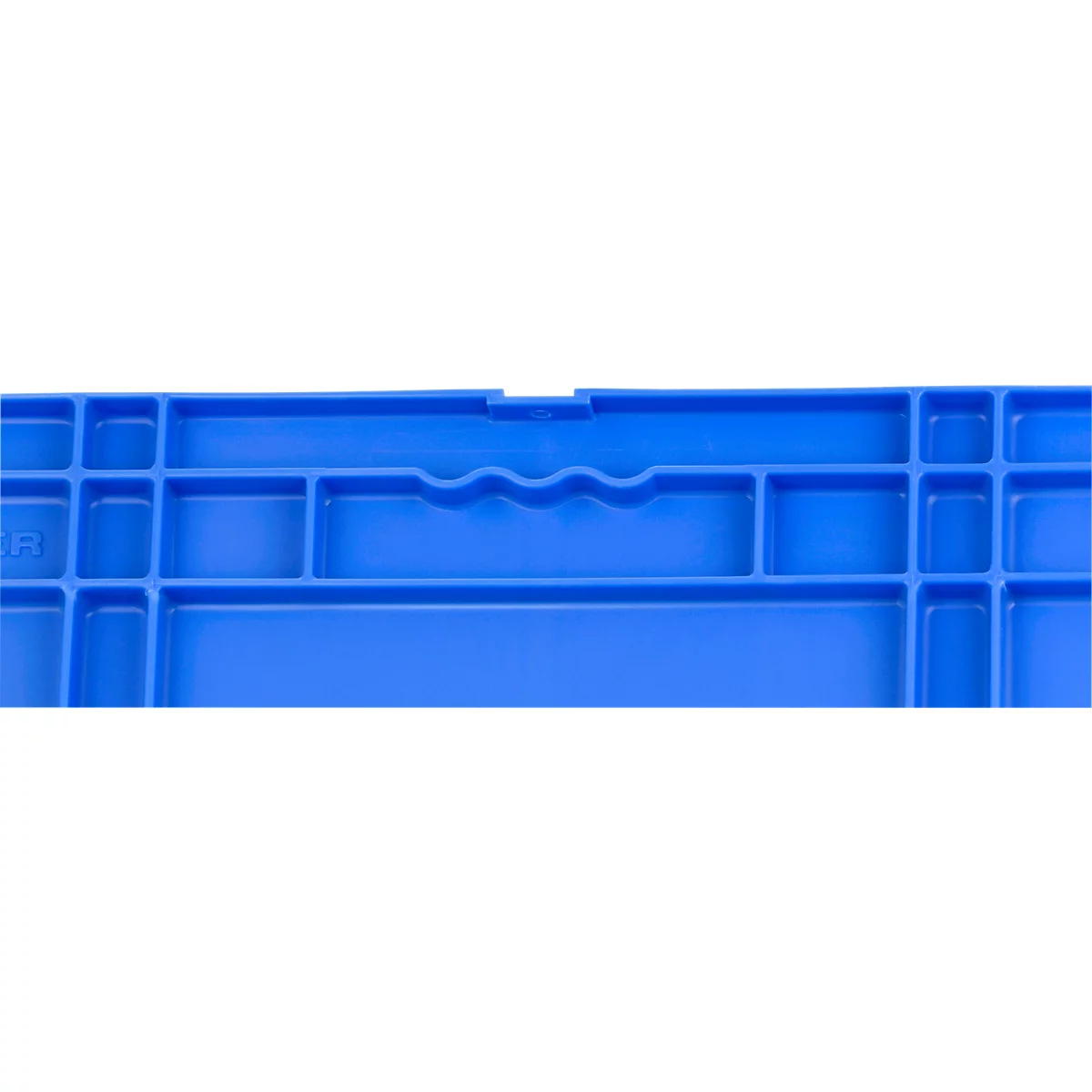 Blue plastic assortment box with dividers and wavy handle.
