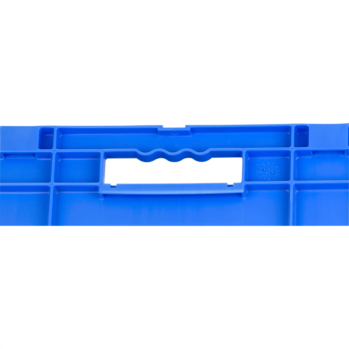 Close-up of a blue plastic handle, with recess and wave-shaped grip recesses.