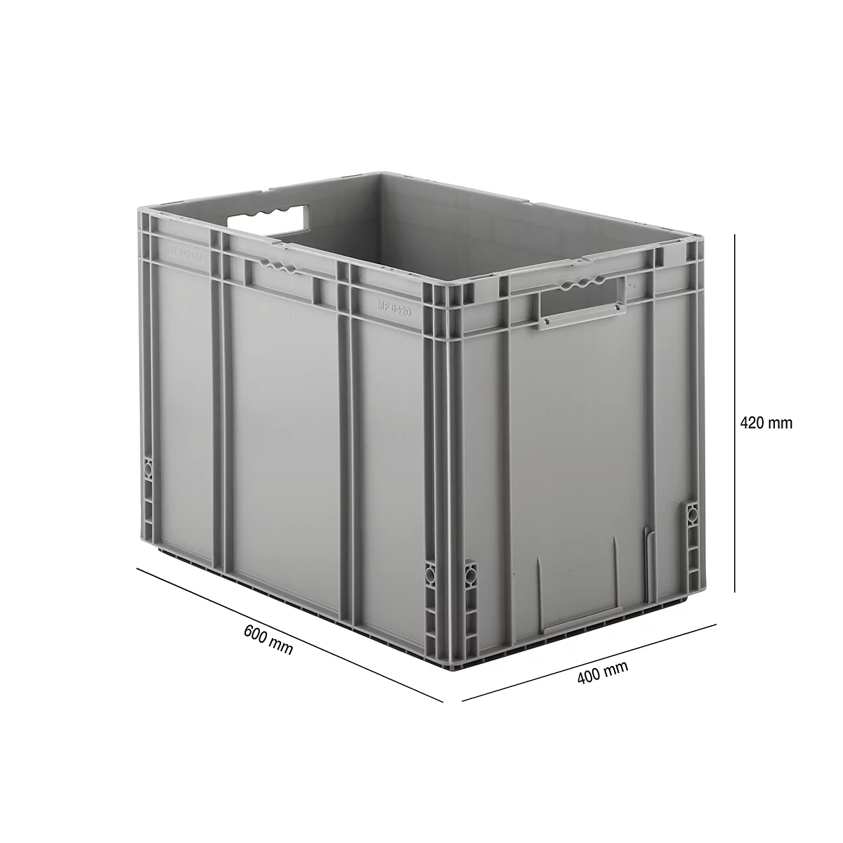 Grey plastic crate with handles and dimensions: 600 mm, 400 mm and 420 mm.