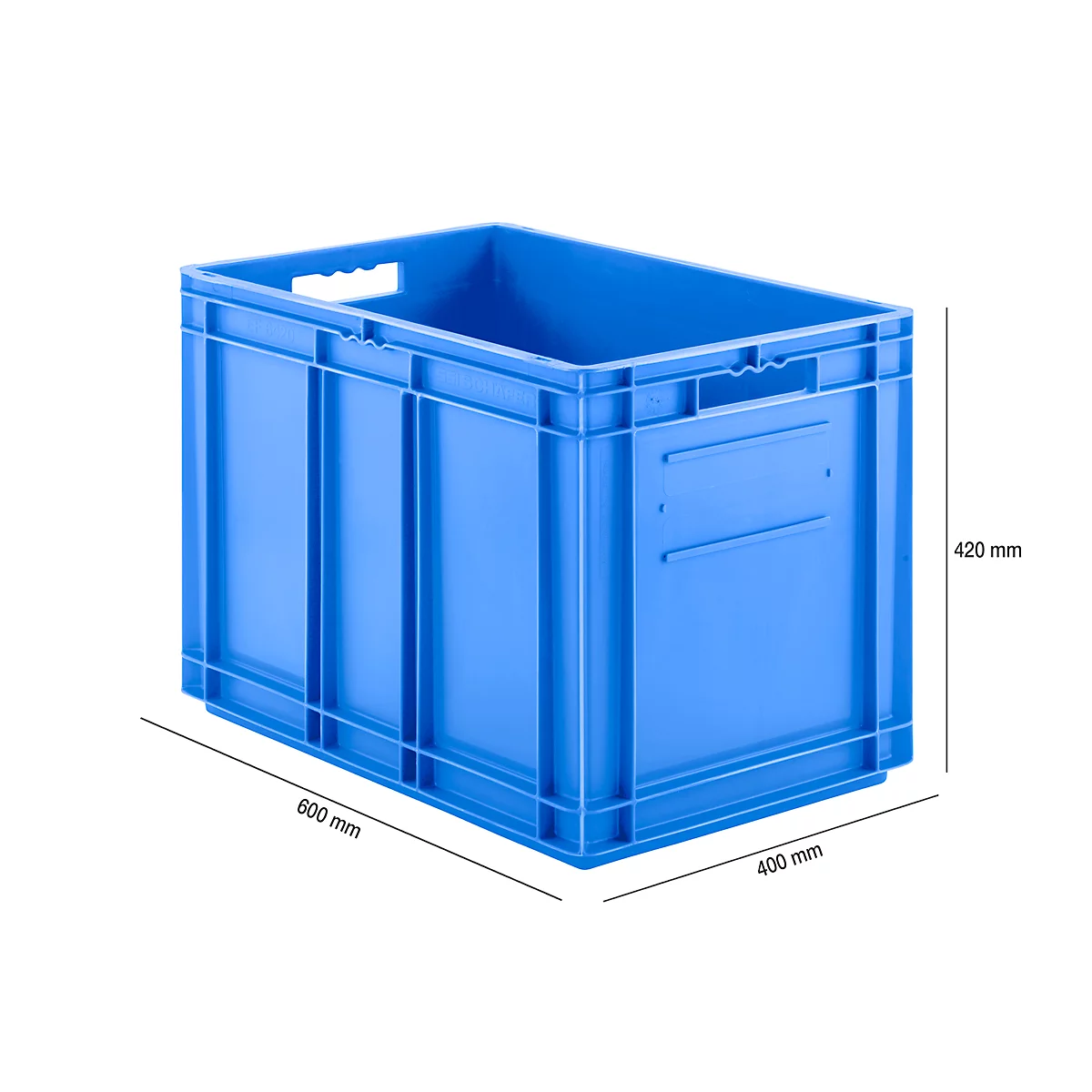 Blue transport crate with dimensions 600 x 400 x 420 mm. The box has openings and handles.
