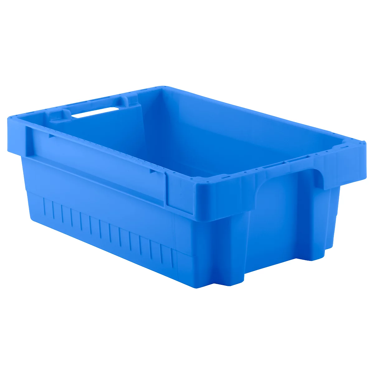 Blue plastic box with handles, view from above.