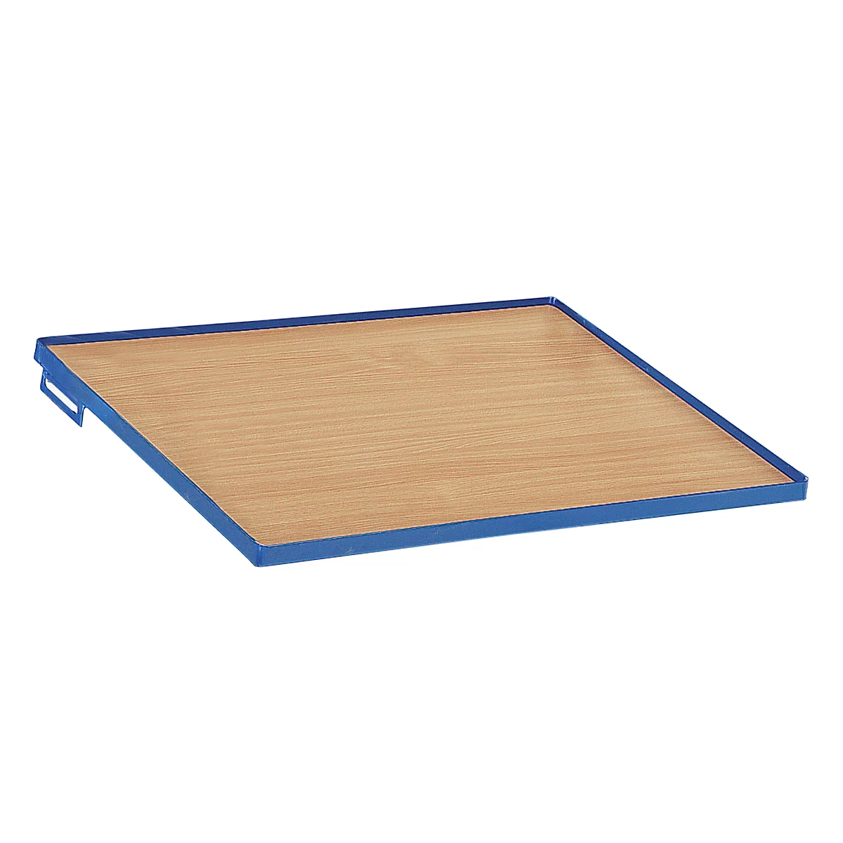 A rectangular wooden board with a blue metal frame. There is a handle on one side.