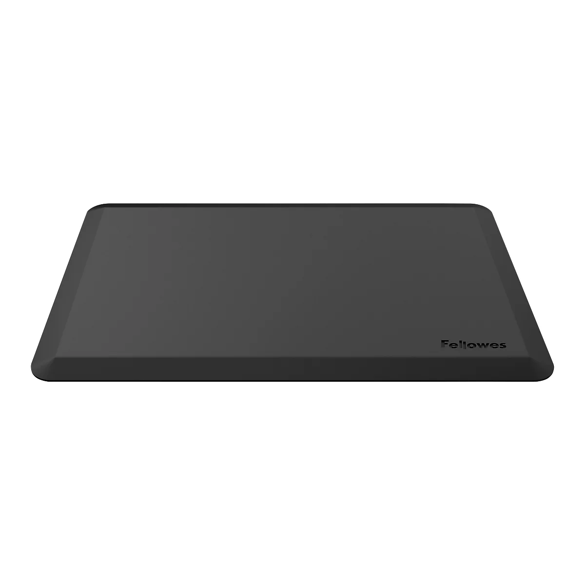 A black ergonomic desk mat with rounded corners. “Fellowes” is written at the bottom right.