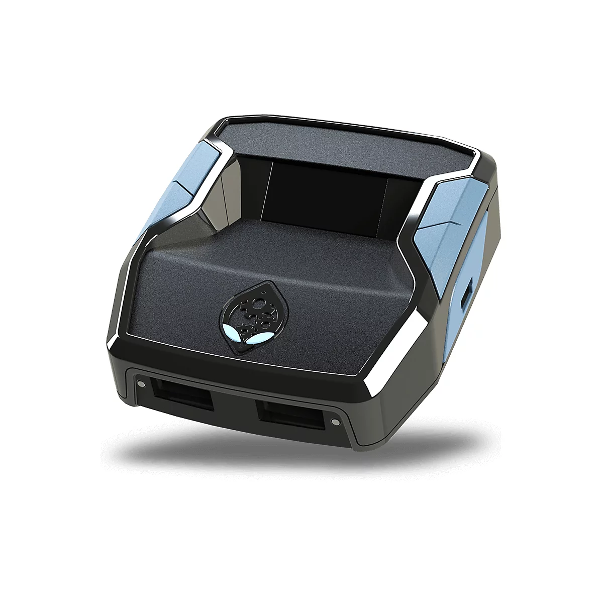 Appareil électronique noir avec des accents bleus, logo Alienware, ports USB.