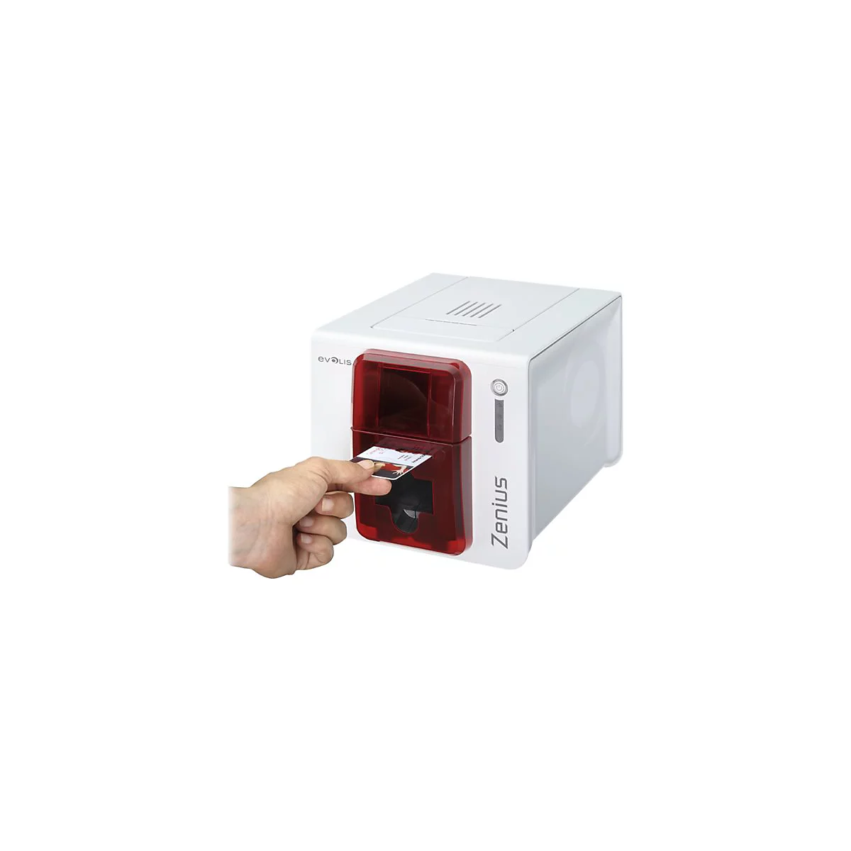 Eine Hand schiebt eine Karte in einen weiÃŸen und roten Kartendrucker. Auf dem Drucker steht Zenius.
