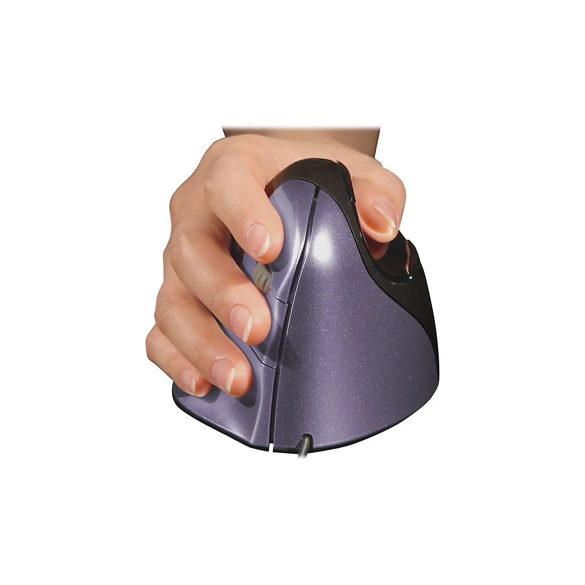 Hand greift einen ergonomischen, grauen Maus. Die Maus hat schwarze Akzente und einen Scrollrad.