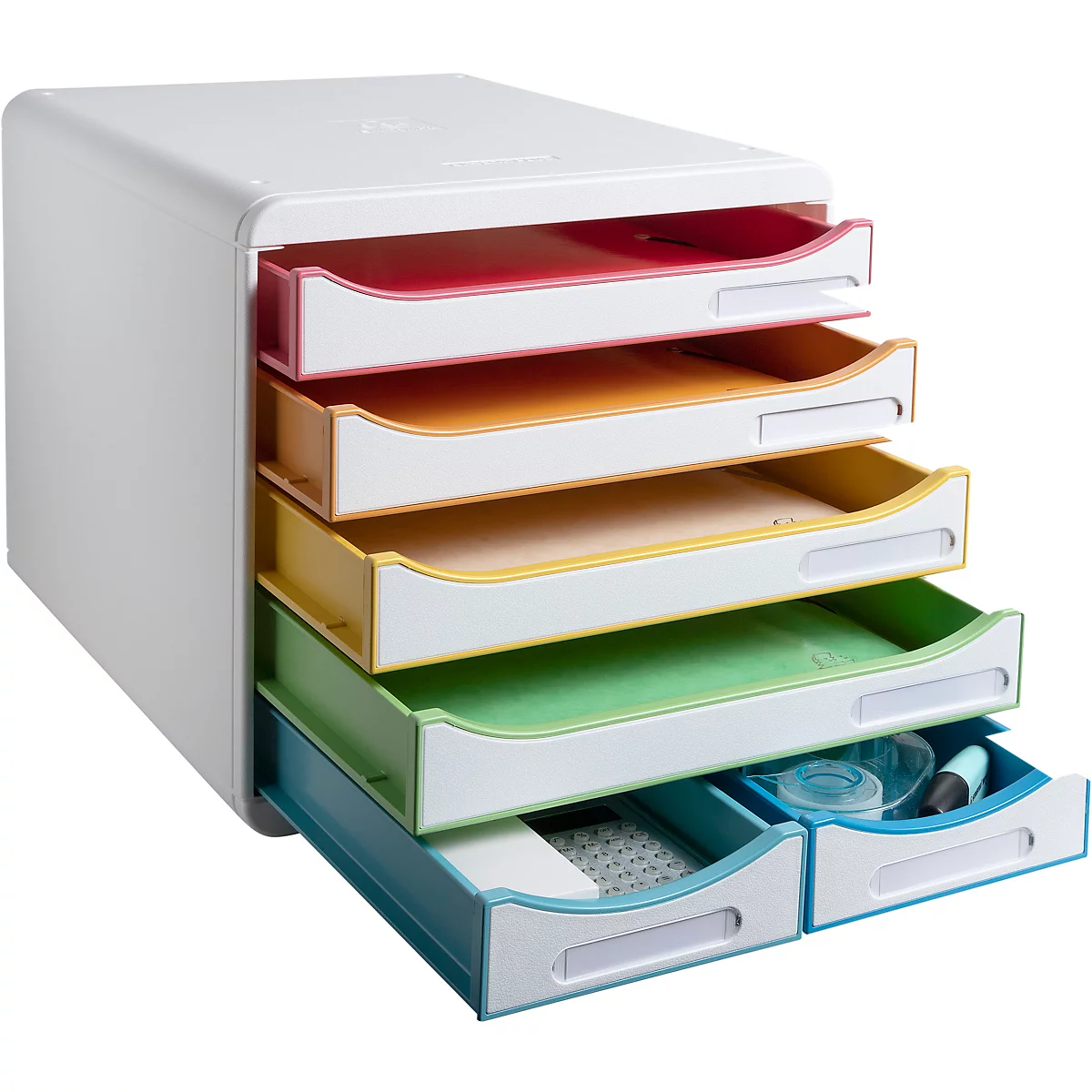 Organisateur de bacs à papier multicolores avec tiroirs, remplis de papier et de fournitures de bureau.