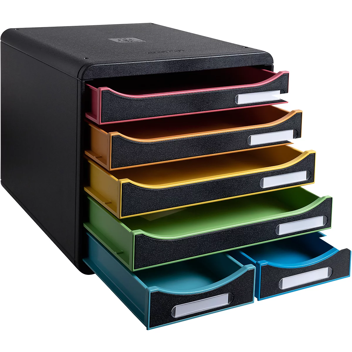 Organisateur de documents noir avec des bacs colorés. Les bacs ouverts révèlent du rose, du jaune, du vert et du bleu, avec des étiquettes blanches.