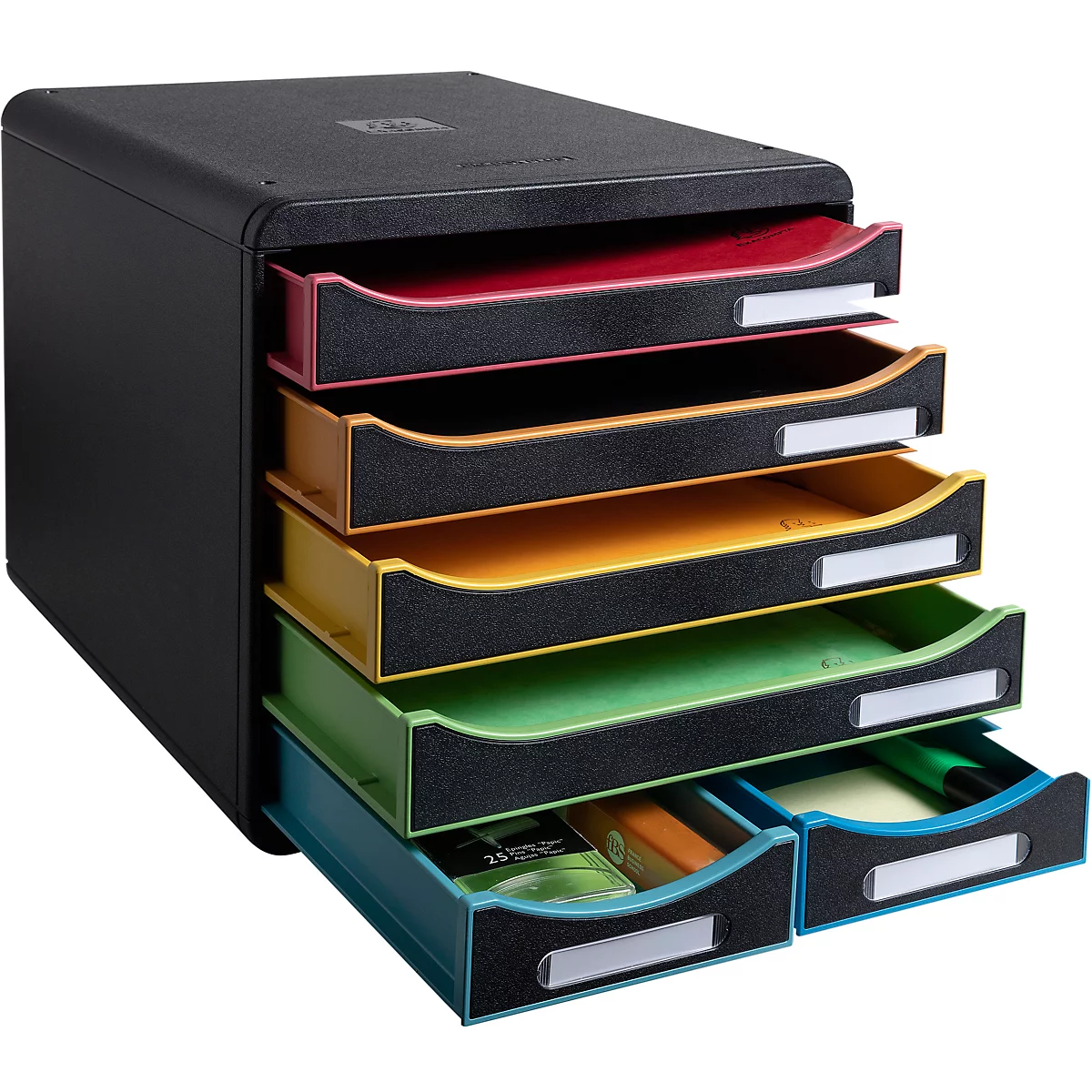 Organisateur de documents noir avec tiroirs colorés. Tiroir ouvert avec stylos et blocs-notes. Étiquettes sur les tiroirs.