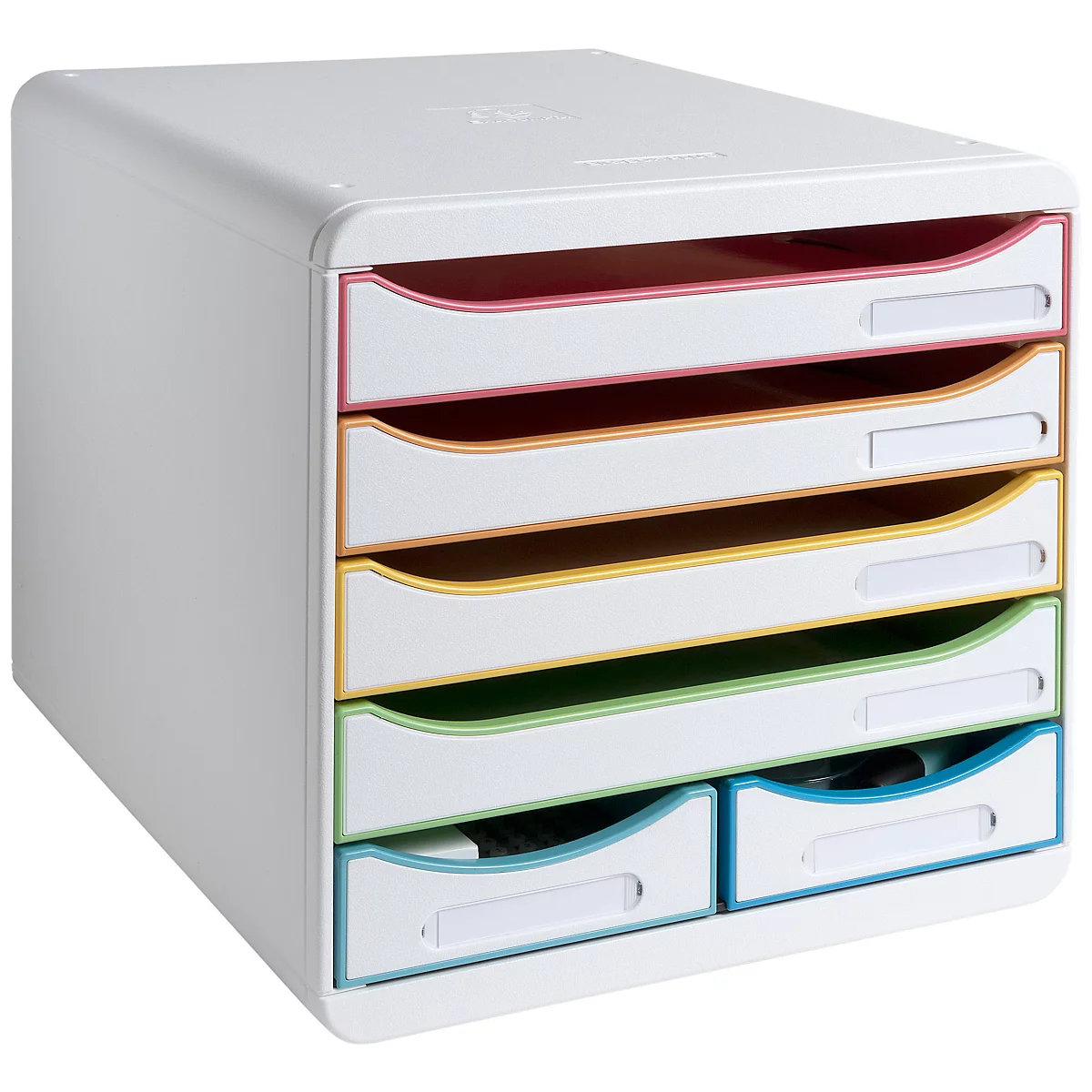 Witte bureau-organizer met gekleurde lades. Rood, oranje, geel, groen en blauw bovenop. Laden met labelvelden.