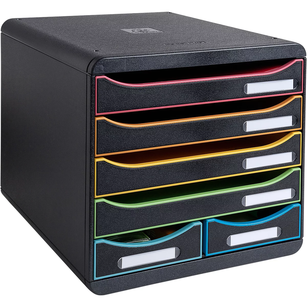 Zwarte documentenorganizer met gekleurde lades. Roze, geel, groen, blauw. Elke lade heeft een wit label.