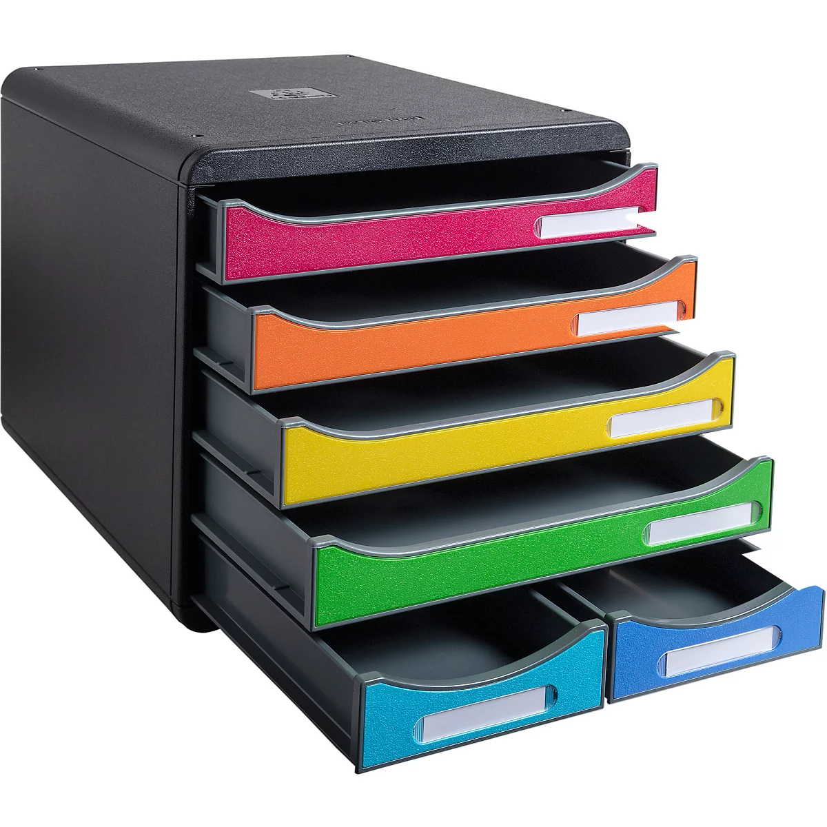 Organisateur de documents noir avec tiroirs colorés.