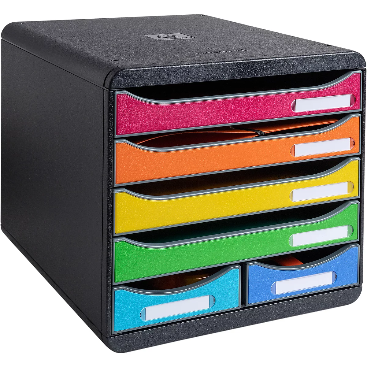 Organisateur de documents noir avec tiroirs colorés. Étiquettes pour l'étiquetage disponibles.