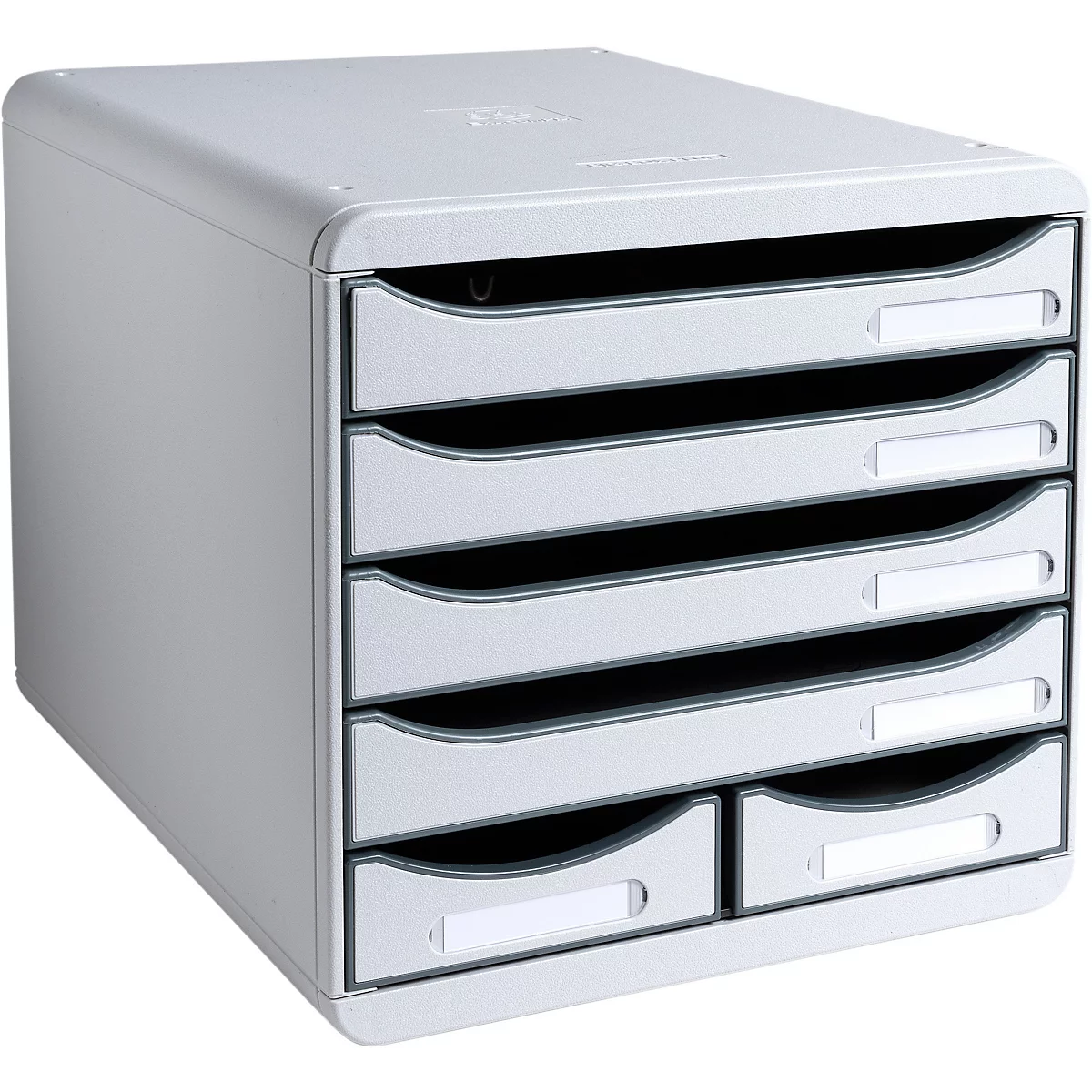 Grauer, vertikaler Akten-Organizer mit sechs Schubladen und Namensschildern.