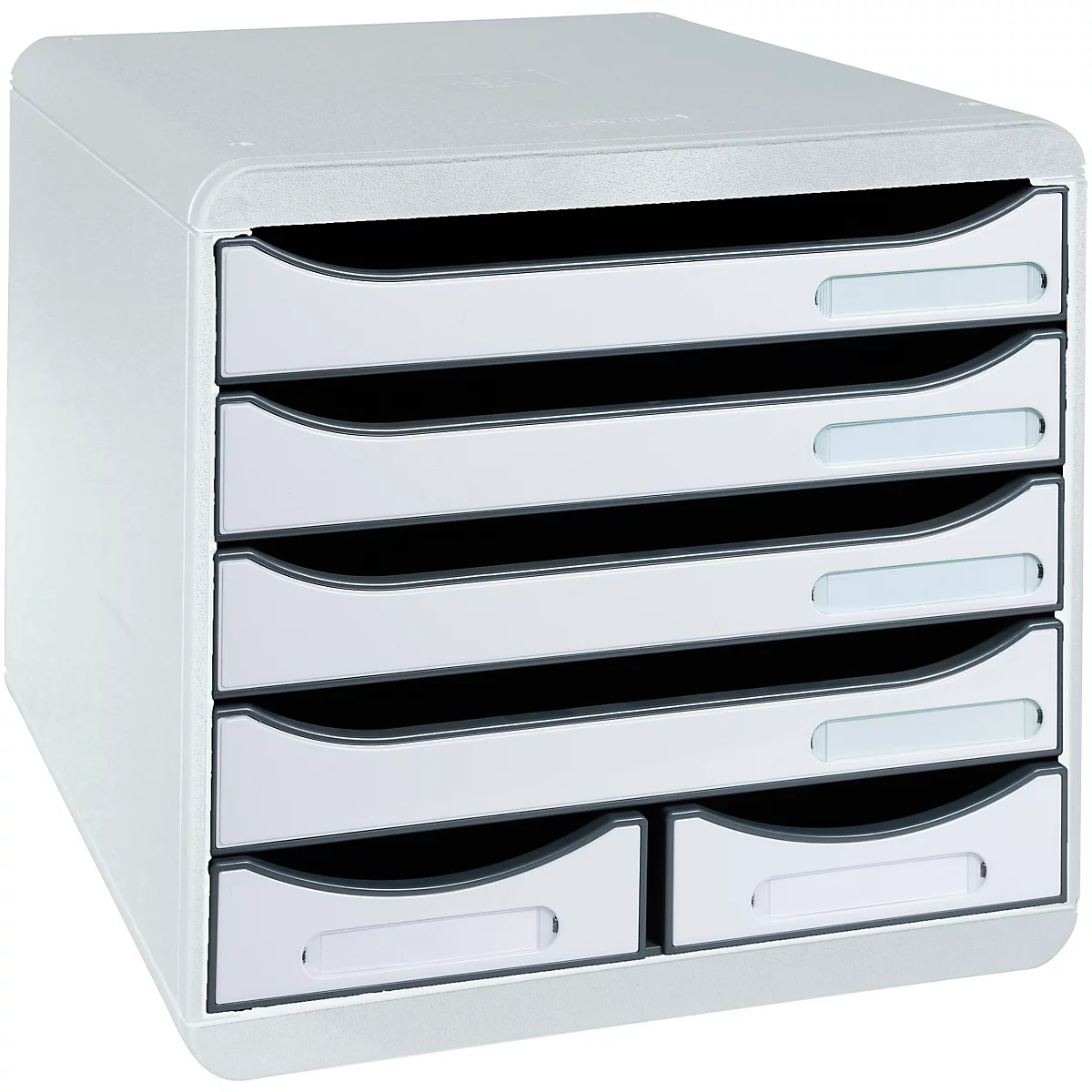 Grauer, sechsfach geschichteter Briefständer mit schwarzen Schubladeneinsätzen und weißen Beschriftungsfeldern.