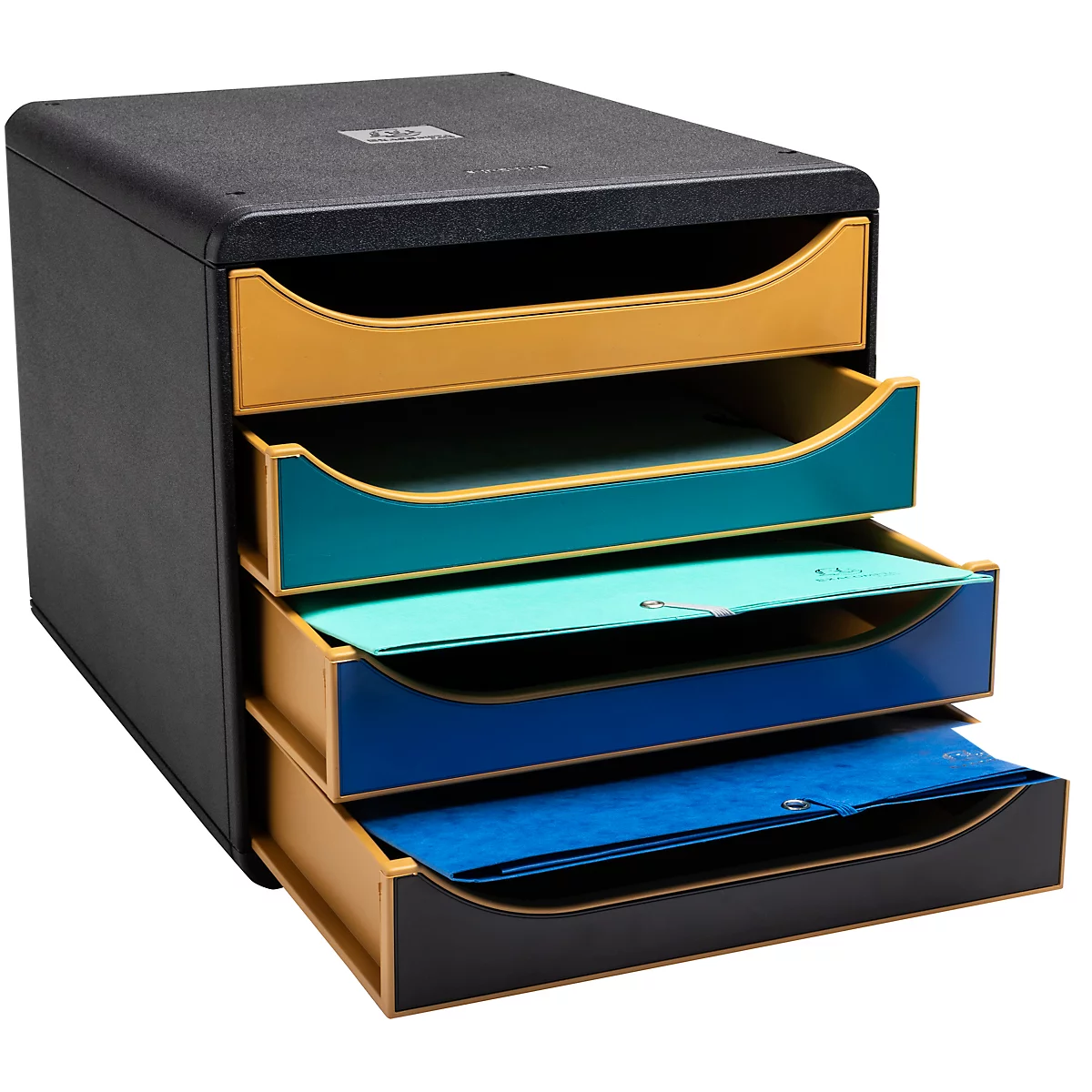 Zwarte documentenorganizer met vier lades in geel, turquoise, blauw en groen, gevuld met papier.