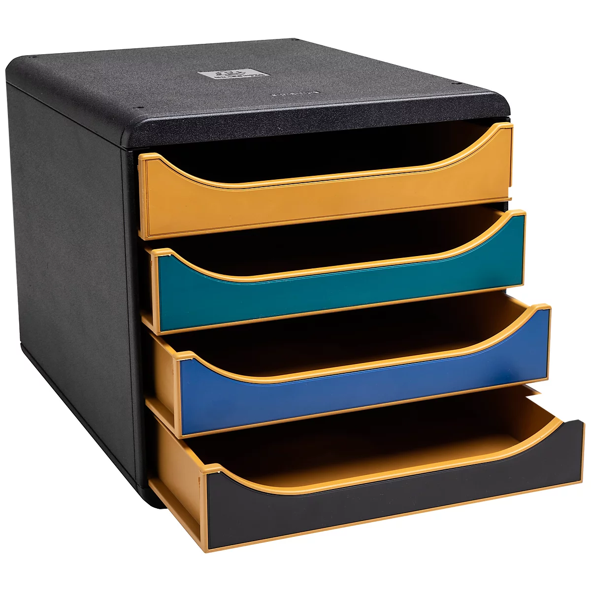 Organisateur de documents noir avec quatre compartiments de couleurs différentes : jaune, bleu, turquoise et noir.