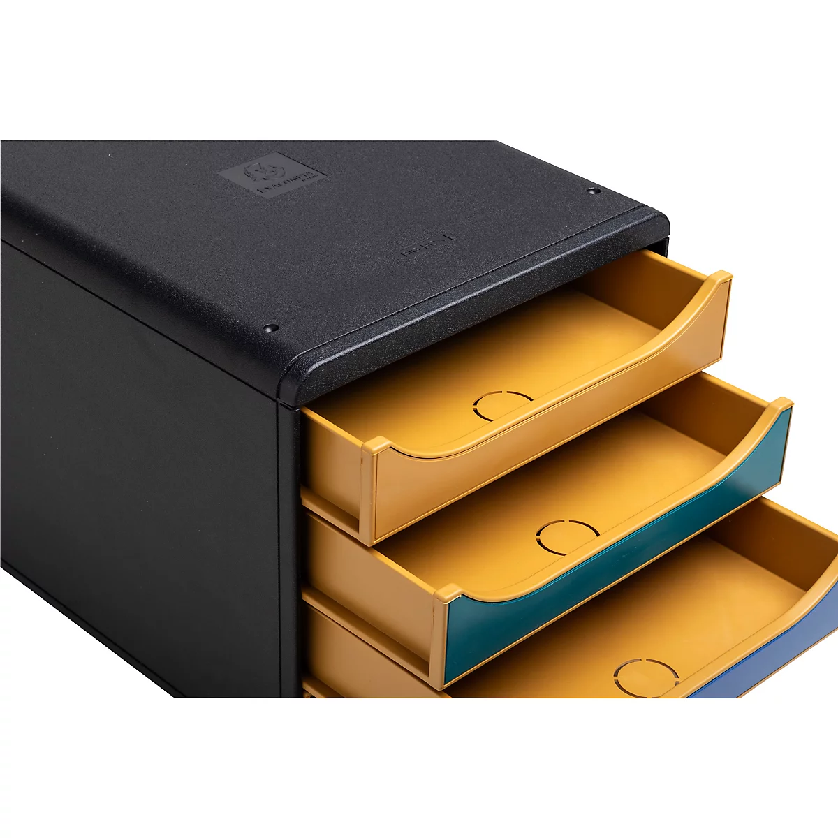 Organisateur de documents noir avec trois tiroirs ouverts, jaune avec des accents colorés.