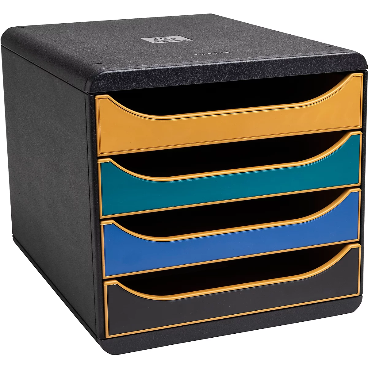 Pile de classement de documents noir avec quatre tiroirs colorés : jaune, bleu-vert, bleu, noir. Boîtier noir avec des accents jaunes.