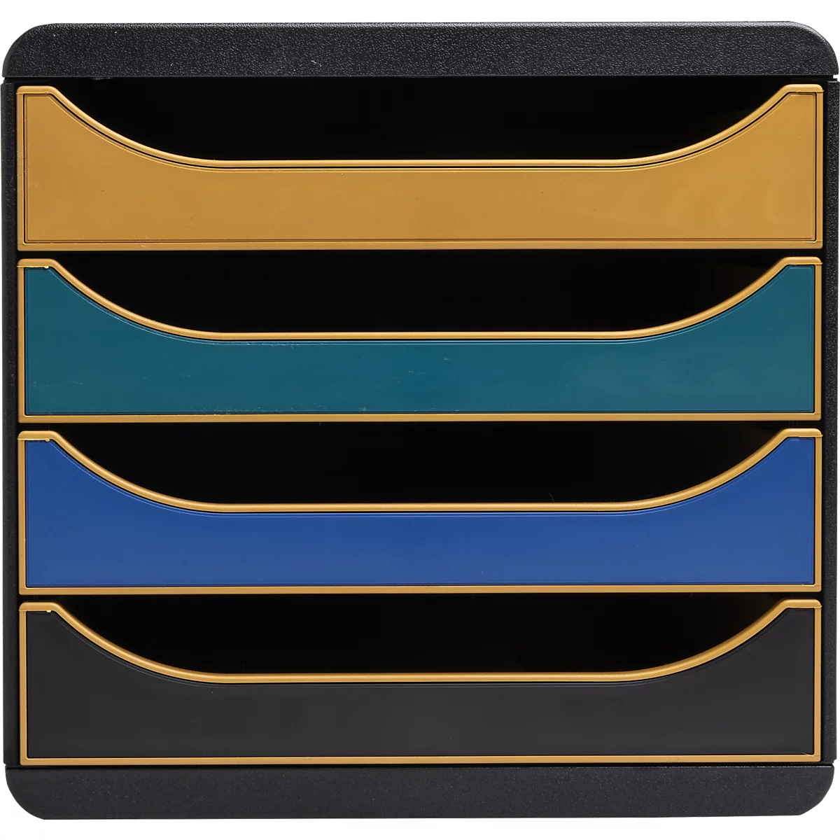 Organisateur de documents noir avec quatre compartiments jaune, turquoise, bleu et gris.
