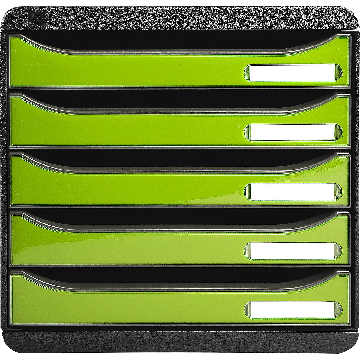 Zwarte documentenorganizer met vijf felgroene lades met naamplaatjes.