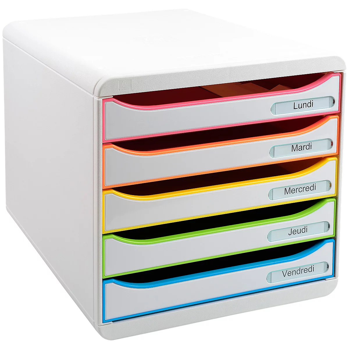 Organisateur de bureau blanc avec cinq tiroirs colorés. Chacun a un jour de la semaine: lundi, mardi, mercredi, jeudi, vendredi.