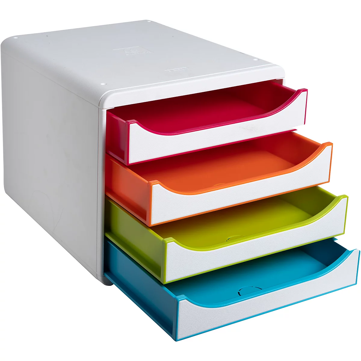 Système de rangement blanc avec quatre tiroirs colorés : rouge, orange, vert, bleu. Tiroirs ouverts.
