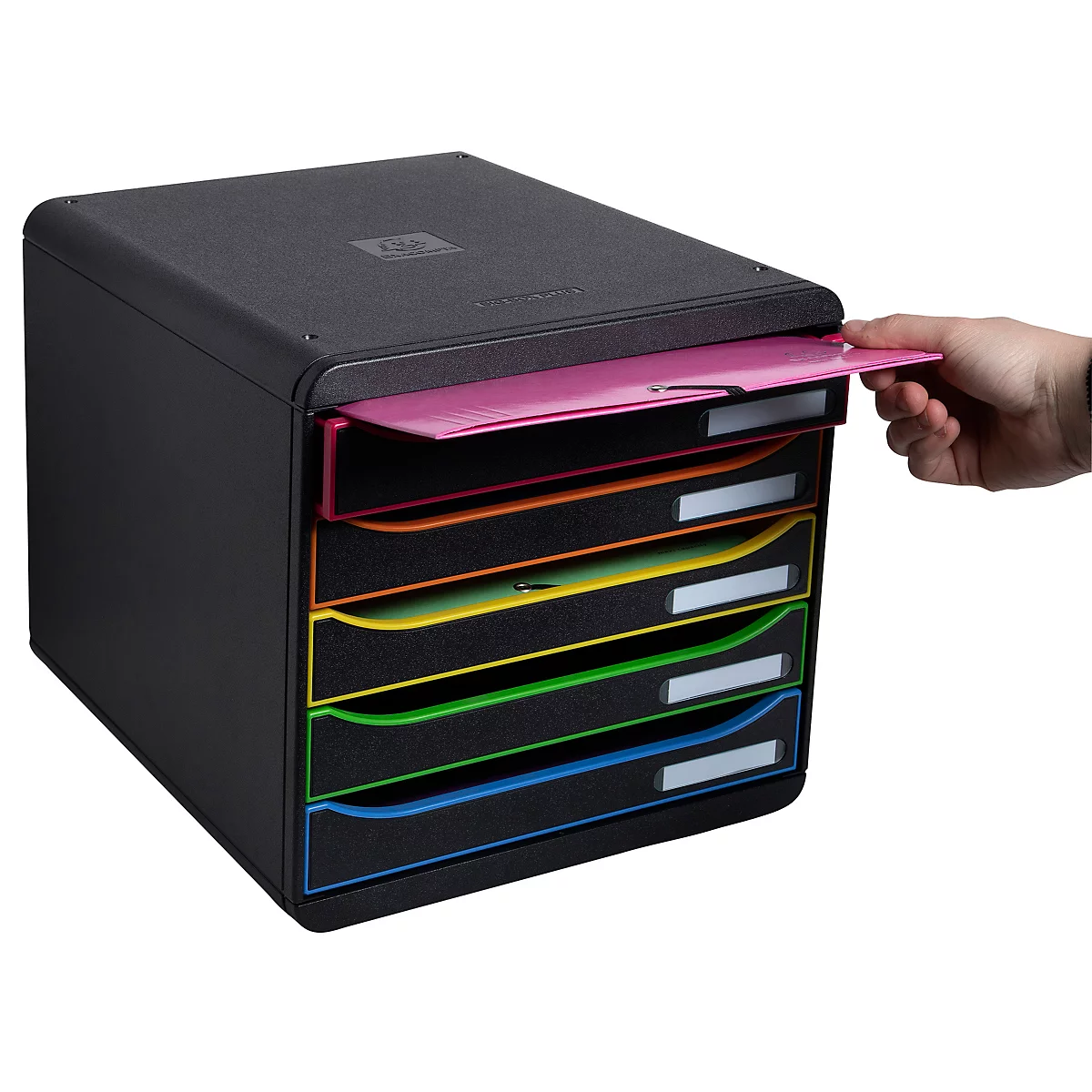 Organisateur de documents noir avec des tiroirs colorés. Une main ouvre un tiroir rose.