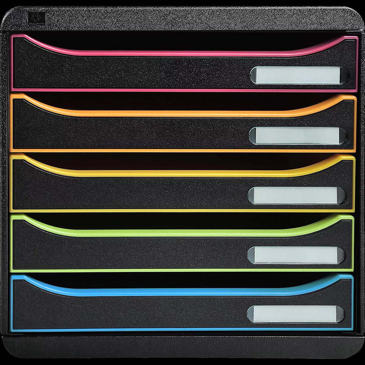 Schwarzer Dokumenten-Ablageständer mit farbigen Schubladen in Pink, Orange, Gelb, Grün und Blau.