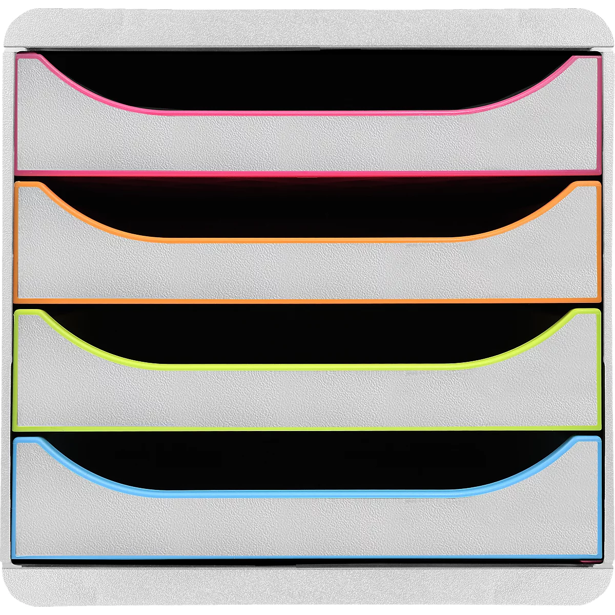 Mehrfarbiger Briefablage-Organizer mit schwarzen Schubladen und farbigen Akzenten in Pink, Orange, Gelb und Blau.