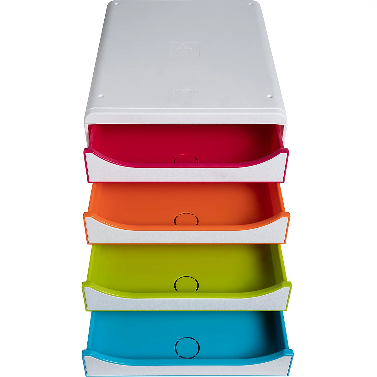 Veelkleurige ladenkast met vier lades. Rood, oranje, groen en blauw zijn de kleuren. Boven een wit deksel.