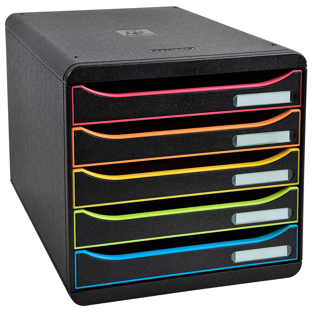 Zwarte documentenorganizer met vijf lades met gekleurde accenten: roze, oranje, geel, groen en blauw.