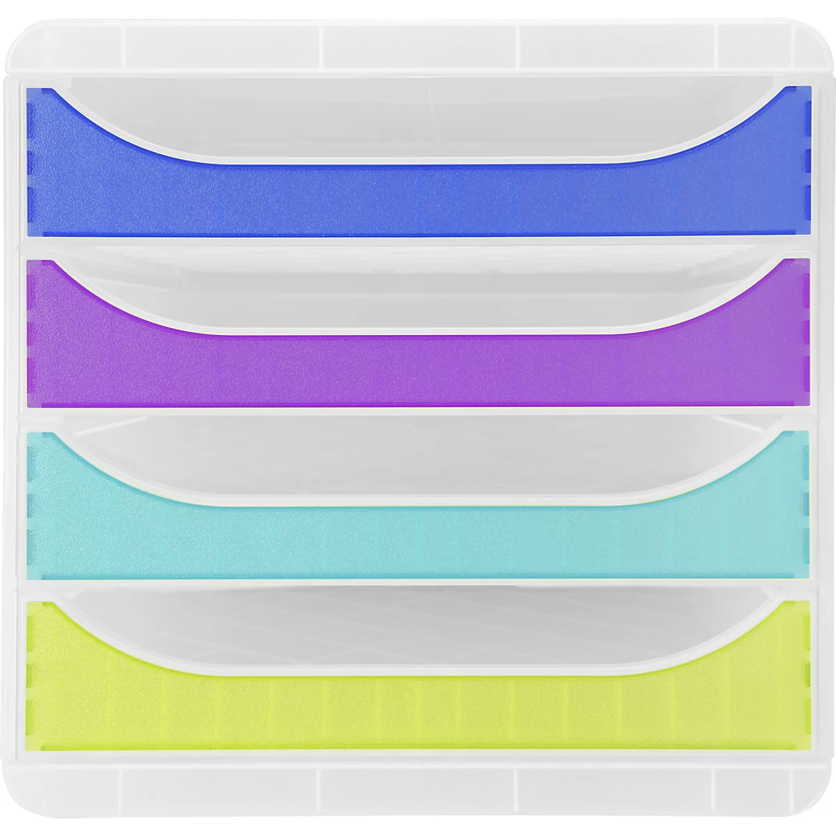 Vue d'un organiseur de bureau multicolore à plusieurs niveaux avec des tiroirs bleus, violets, turquoise et jaunes.