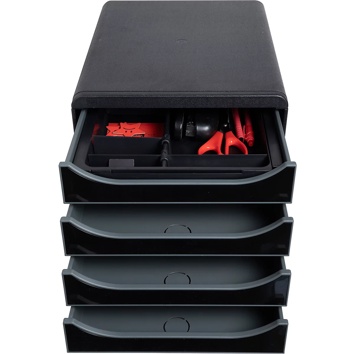 Armoire à tiroirs noire avec tiroir supérieur ouvert et outils rouges.