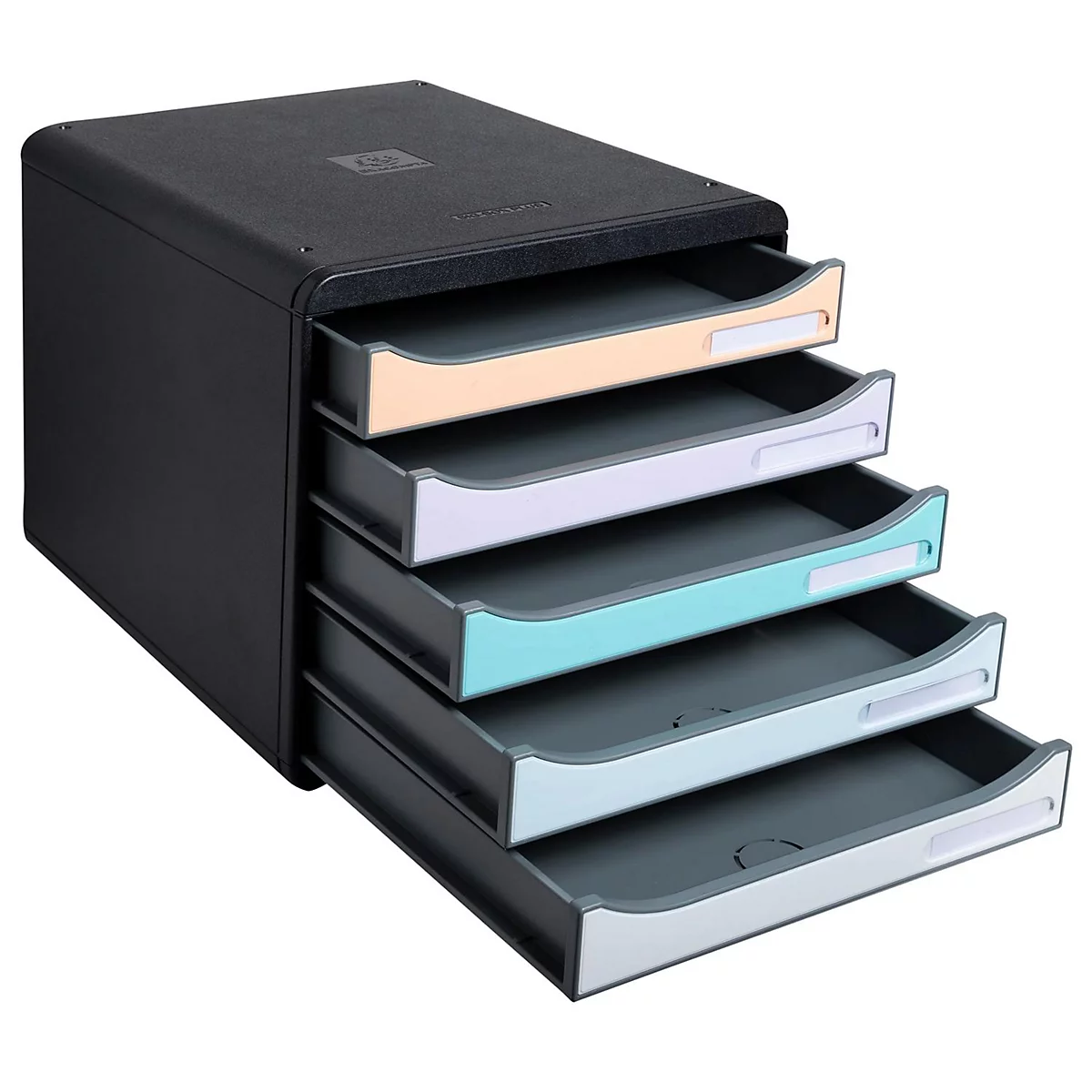 Organisateur de documents noir avec cinq tiroirs colorés.