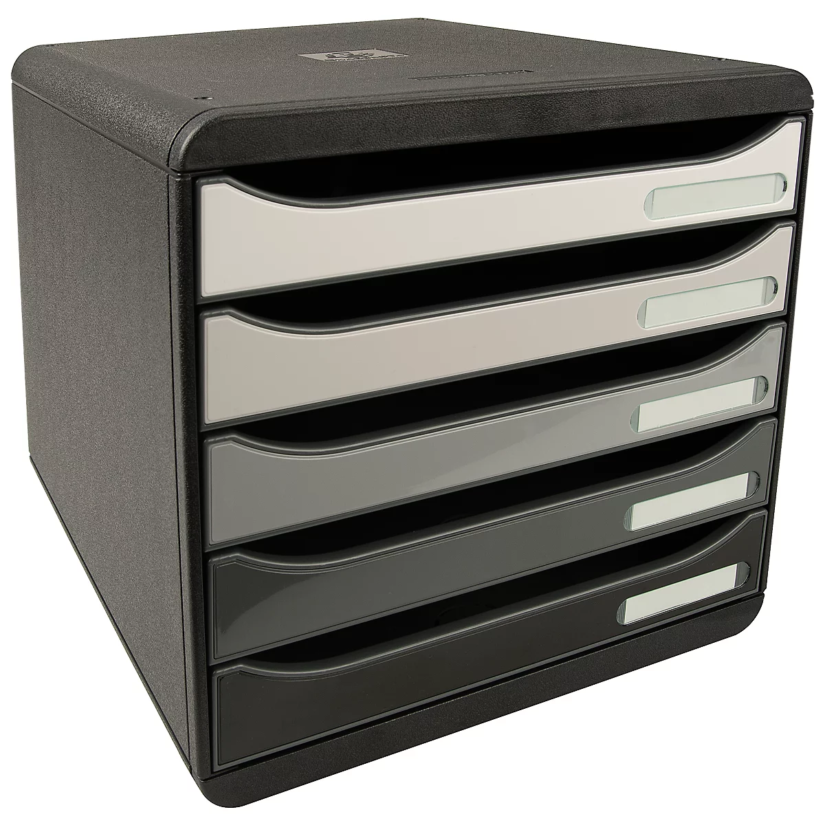 Multicolor brievenbak organiser met vijf lades. Elke lade heeft een labelveld.