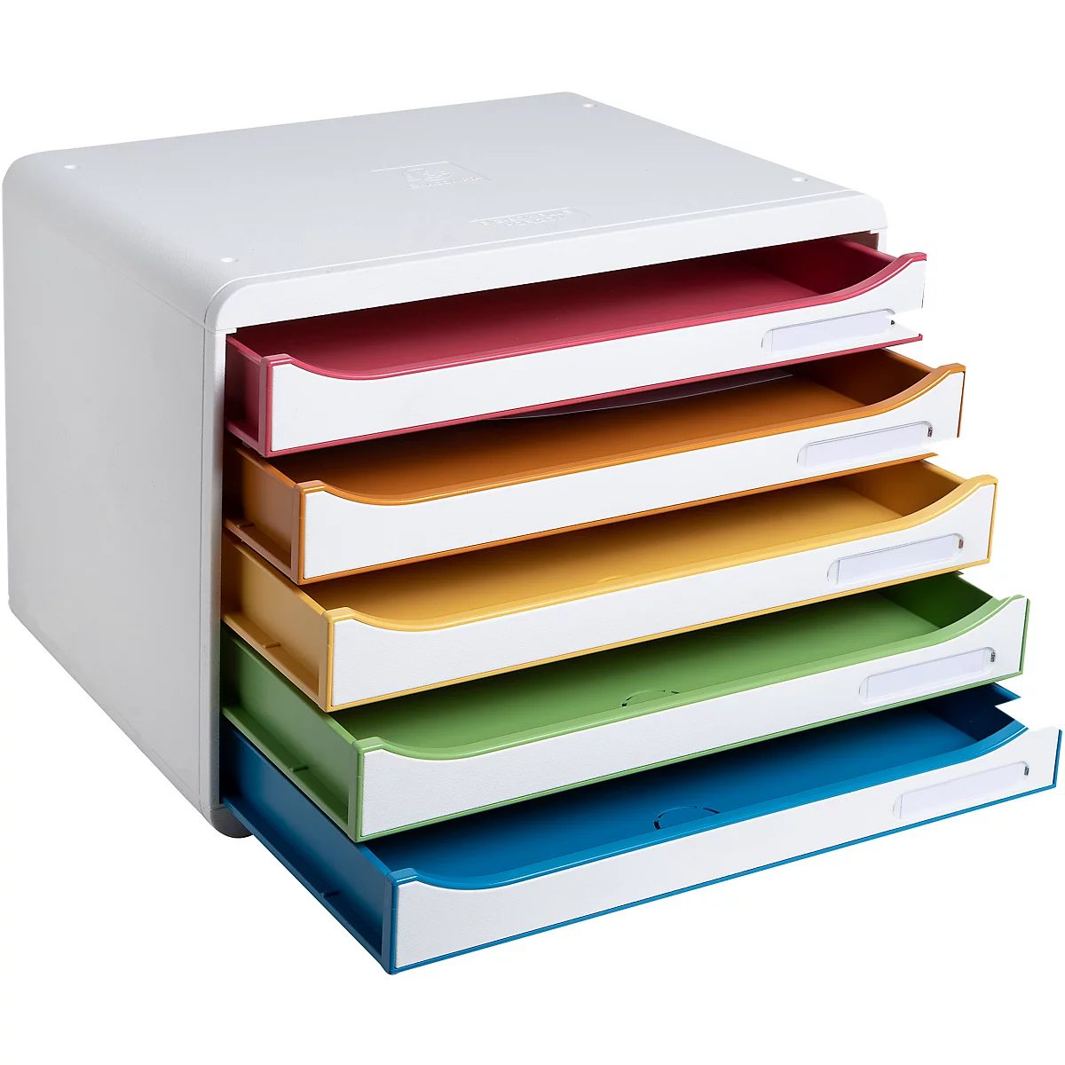 Pile de bacs à papier multicolores avec 5 tiroirs. Chaque tiroir a une couleur différente : rouge, orange, jaune, vert et bleu.