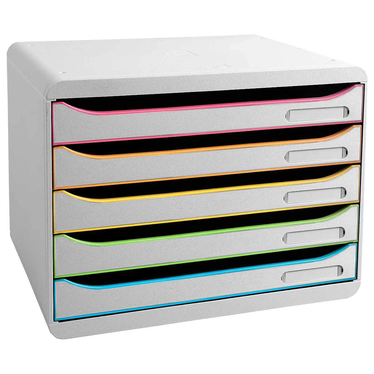 Classeur gris avec six tiroirs. Les tiroirs sont bordés de couleurs : rose, orange, jaune, vert et bleu.