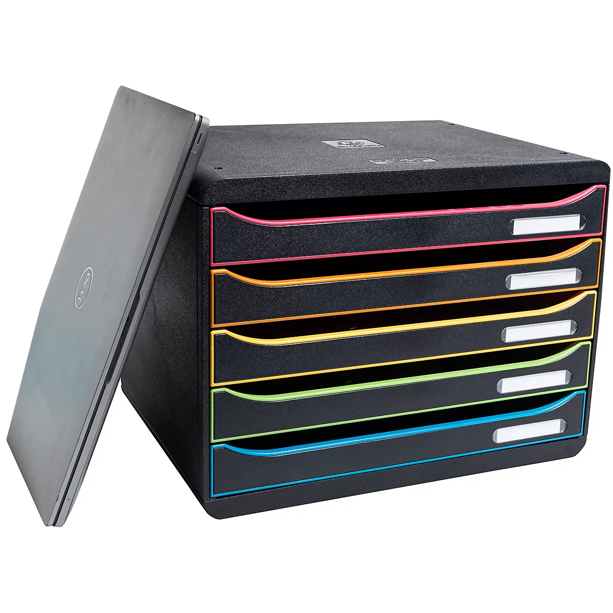 Organisateur de documents noir avec des tiroirs colorés et un ordinateur portable.