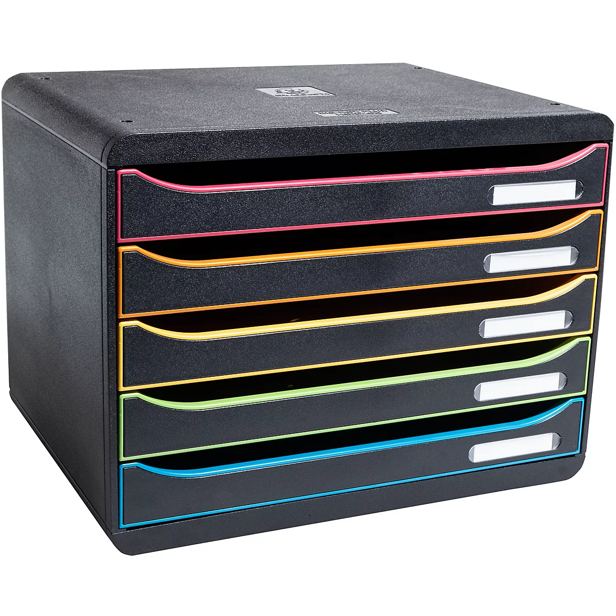 Schwarzer Dokumenten-Organizer mit fünf farbigen Schubladen: Pink, Orange, Gelb, Grün und Blau. Jede Schublade hat ein weißes Beschriftungsfeld.